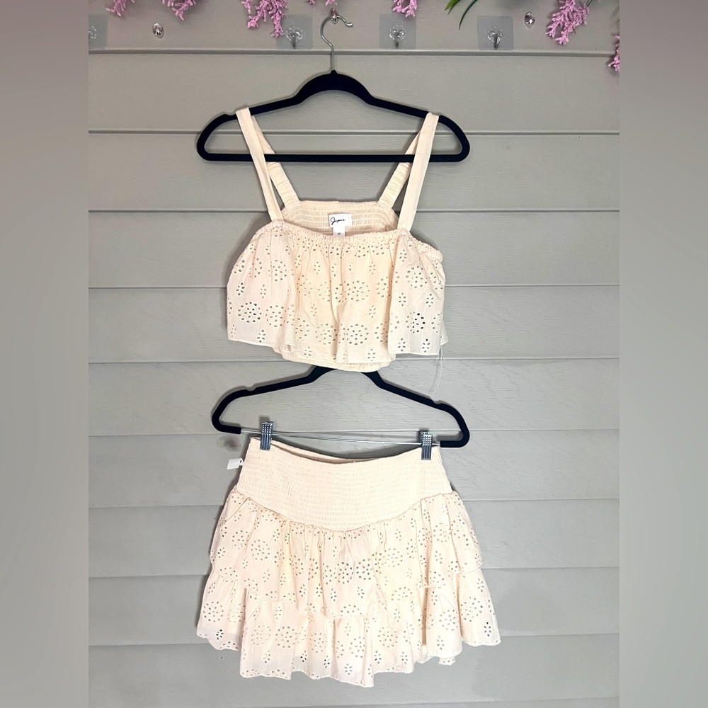 Two piece set in oatmeal/ cream color Eyelet Crop Top and mini Skirt size M